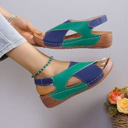 image-Summer Wedges Sandals With Colorblock Cross-strap Design Casual Thick-soled Roman Shoes For Women