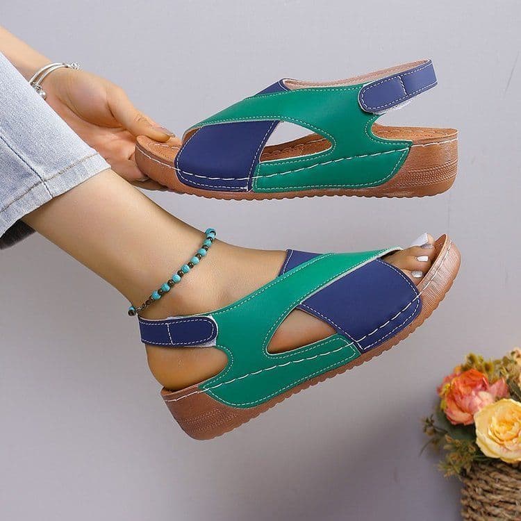 image-Summer Wedges Sandals With Colorblock Cross-strap Design Casual Thick-soled Roman Shoes For Women