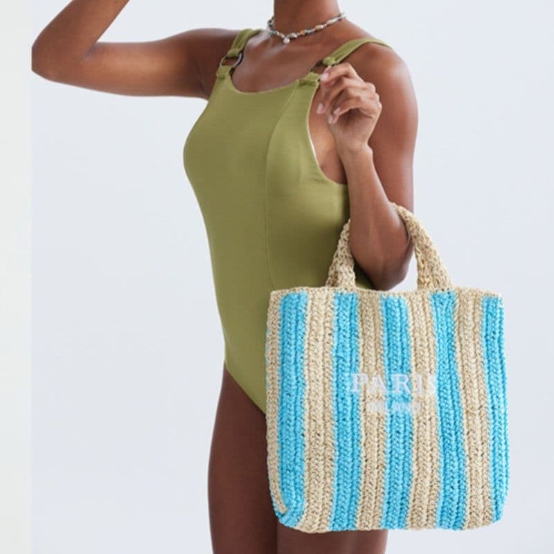 image-Striped Hand-woven Straw Bag Women's Embroidered Letters
