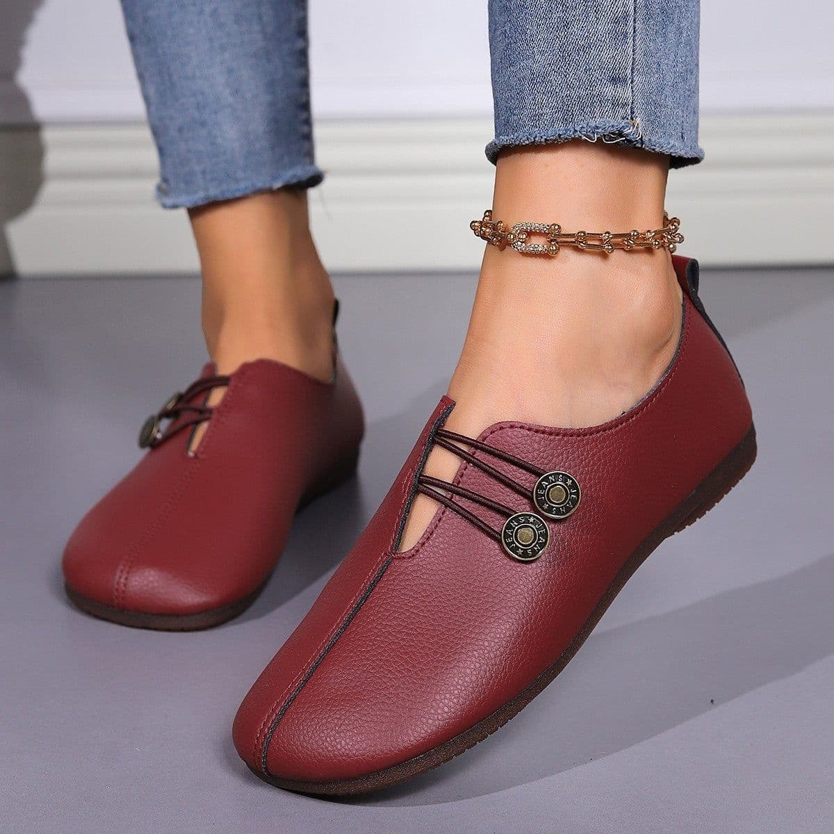 image-Casual Square Toe Flats Shoes Fashion Slip-on Button Loafers Women Shoes