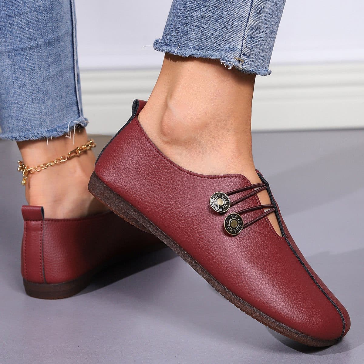 image-Casual Square Toe Flats Shoes Fashion Slip-on Button Loafers Women Shoes