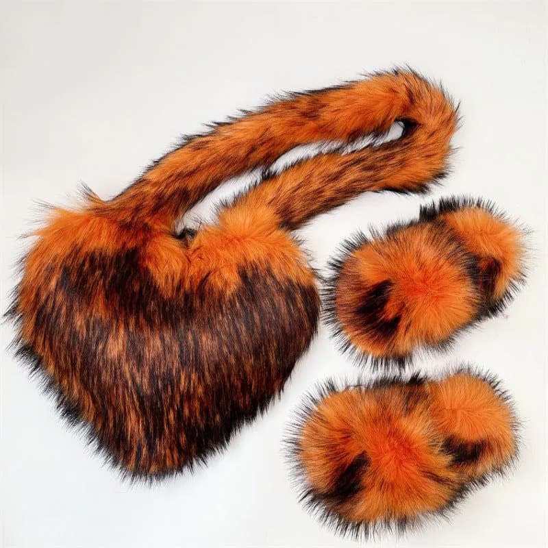 image-Crossbody Love Slippers Suit Raccoon Fur Fur Plush Shell Bag Home Shoes Bag Suit