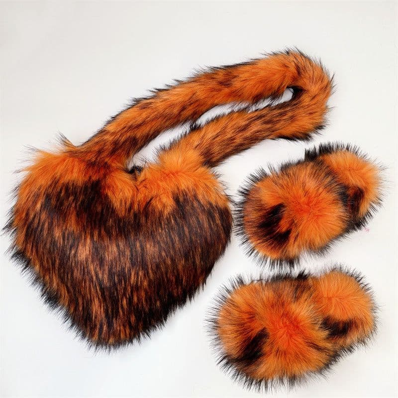 image-Crossbody Love Slippers Suit Raccoon Fur Fur Plush Shell Bag Home Shoes Bag Suit