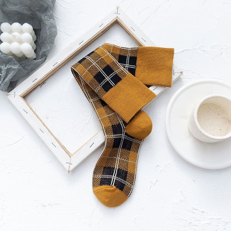image-Line Plaid Socks Women Calf Knee Socks Korean Version