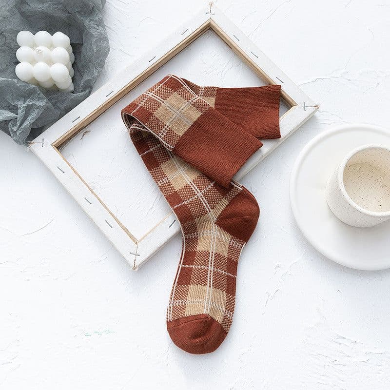image-Line Plaid Socks Women Calf Knee Socks Korean Version