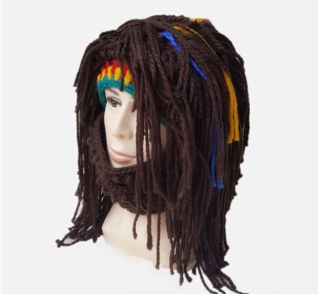 image-Halloween party spoof knit wool hats handmade beard men and women wig hats