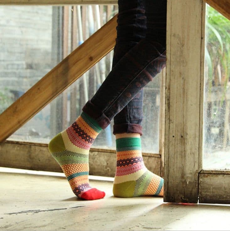 image-Vintage ethnic wind tube female socks horizontal strip double road socks cotton socks socks