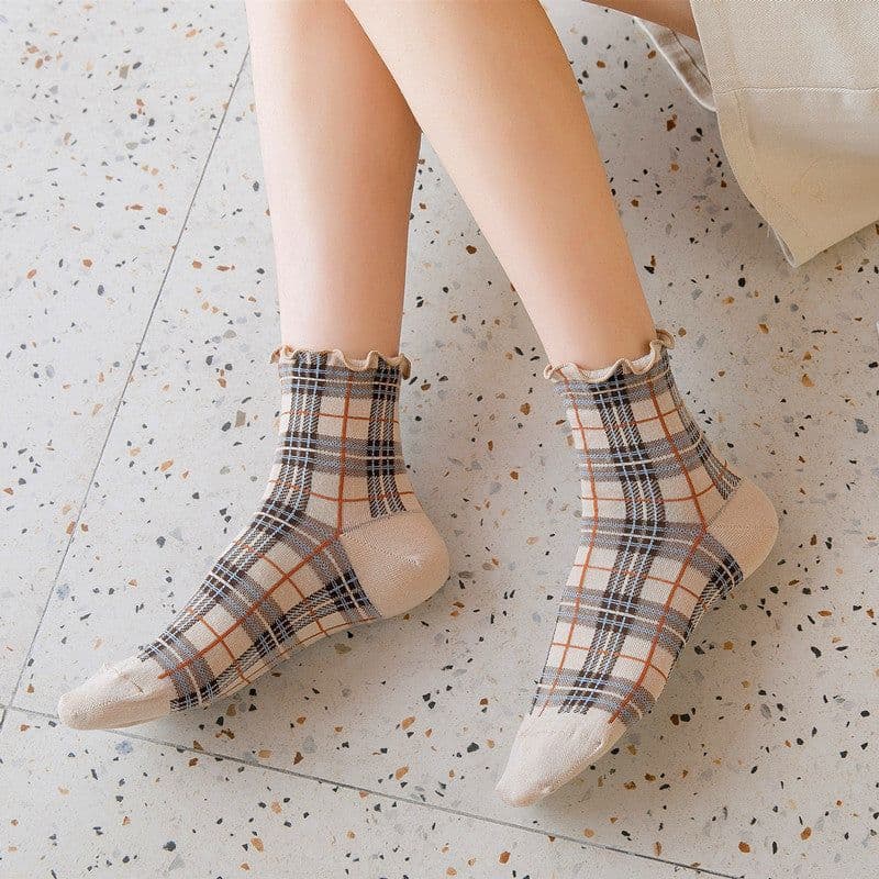 image-Lace socks women's tube check socks