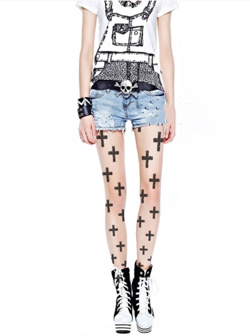 image-Crack cross 3d print pantyhose thin summer tattoo pantyhose wholesales