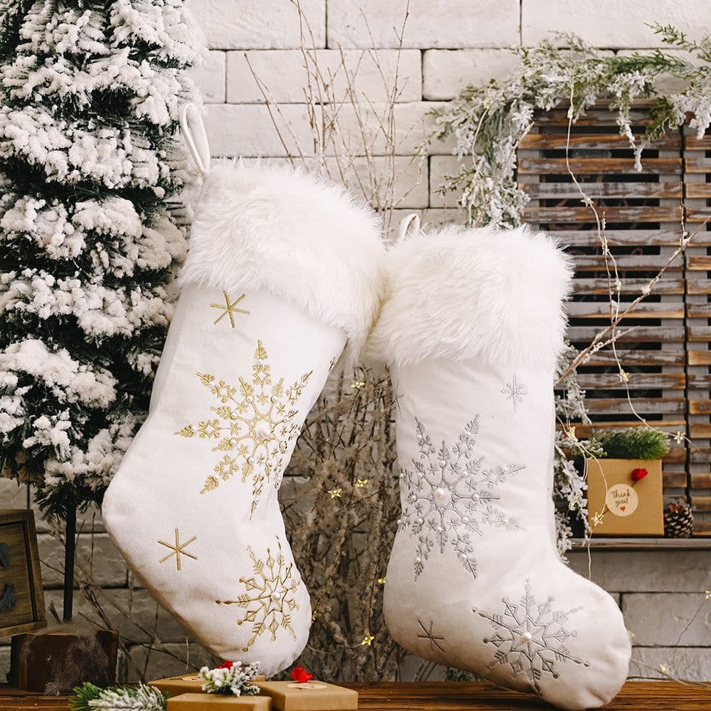 image-Flannel Pearl Snowflake Christmas Stocking White