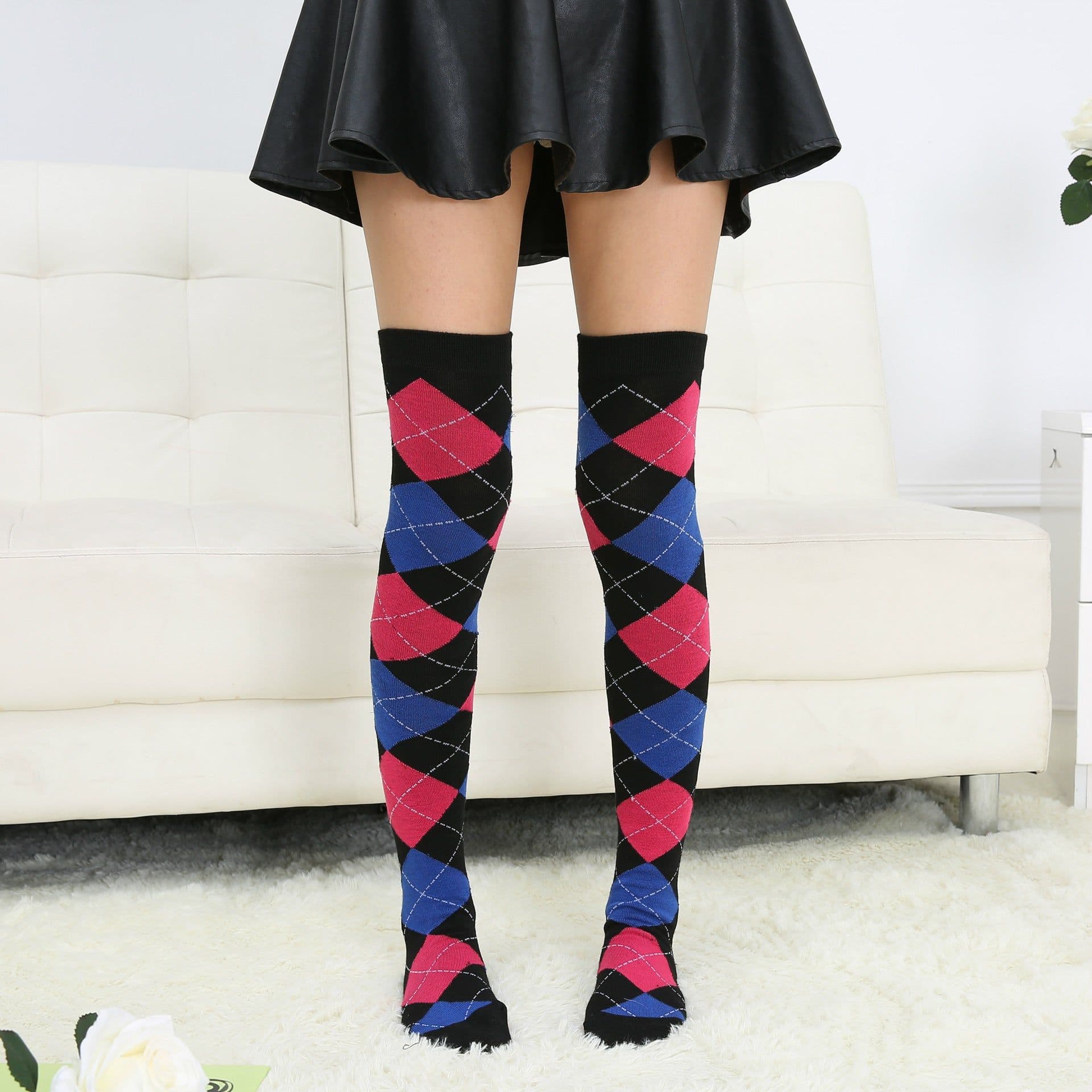 image-Style diamond plaid over the knee stockings