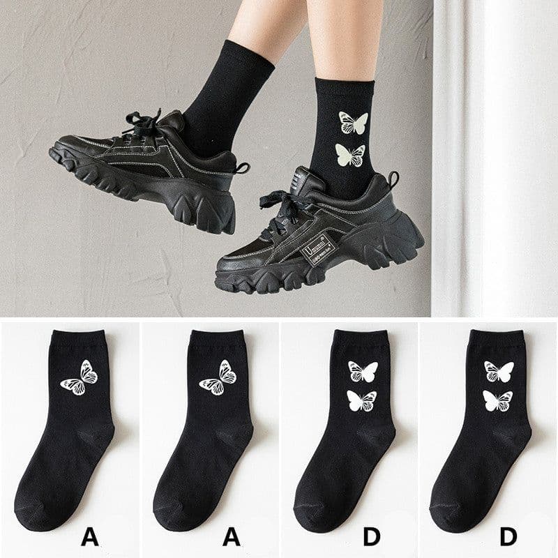 image-Black socks women luminous butterfly tube socks