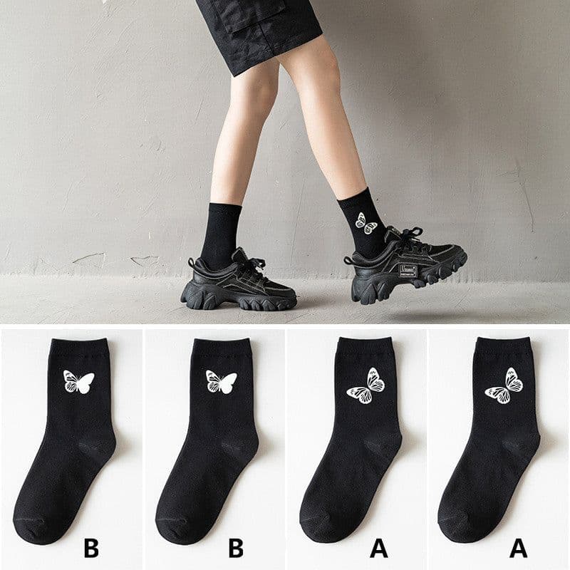 image-Black socks women luminous butterfly tube socks