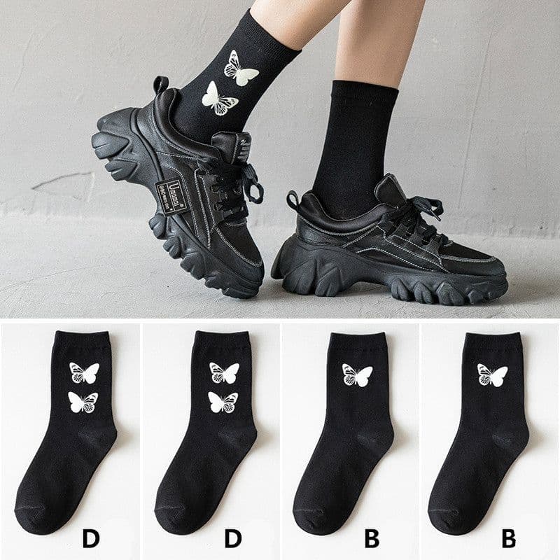 image-Black socks women luminous butterfly tube socks