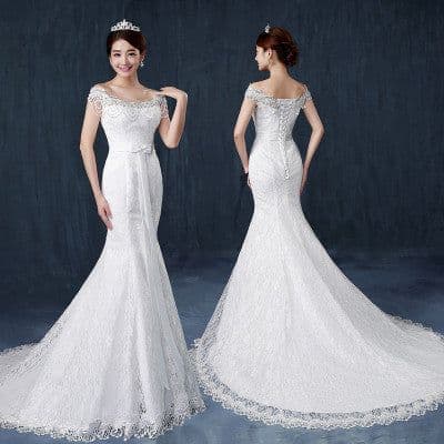image-Fishtail wedding bride wedding dress one word shoulder slim slimming small trailing studio wedding dress