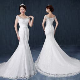 image-Fishtail wedding bride wedding dress one word shoulder slim slimming small trailing studio wedding dress