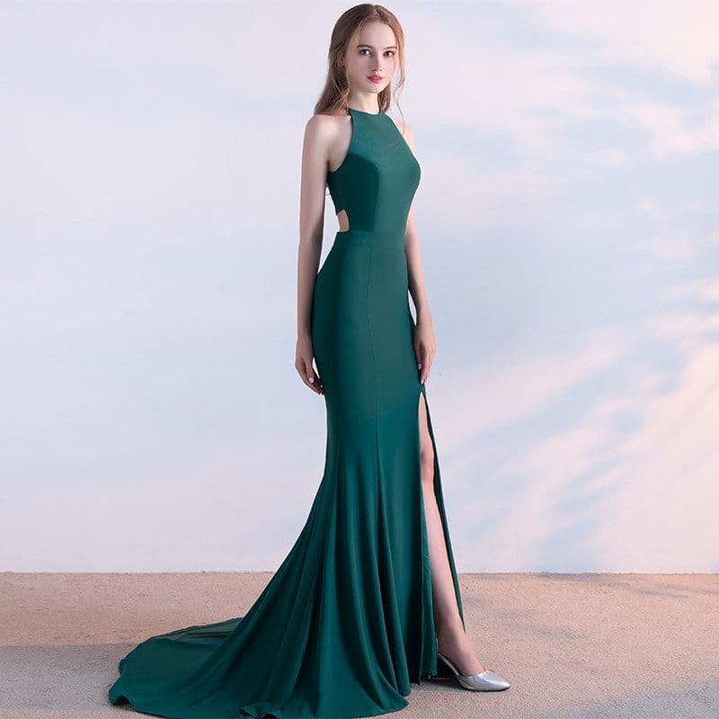 image-Bride toast clothing new fashion long red fishtail hanging neck wedding banquet evening dress