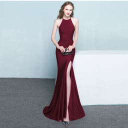 image-Bride toast clothing new fashion long red fishtail hanging neck wedding banquet evening dress