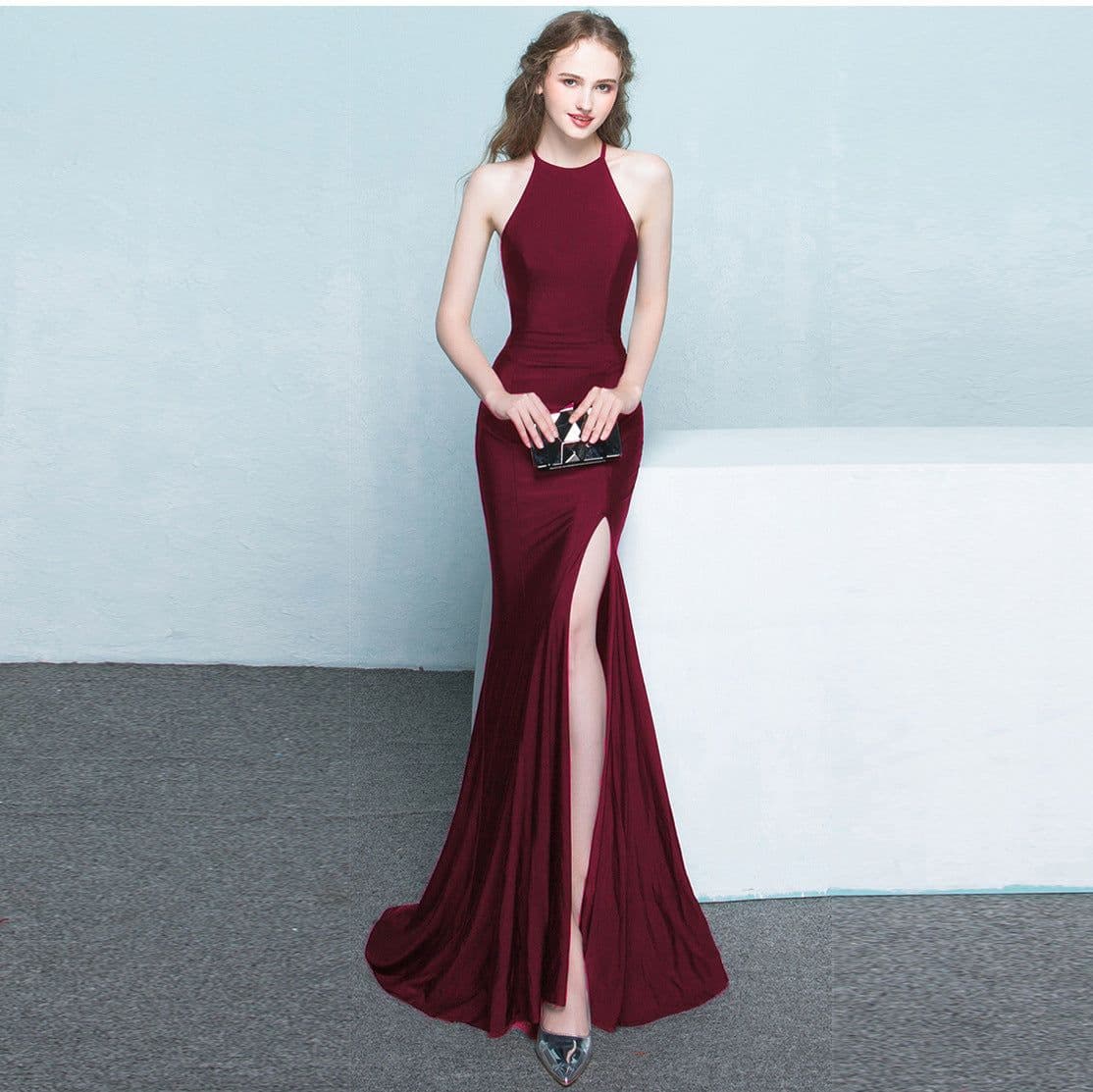 image-Bride toast clothing new fashion long red fishtail hanging neck wedding banquet evening dress