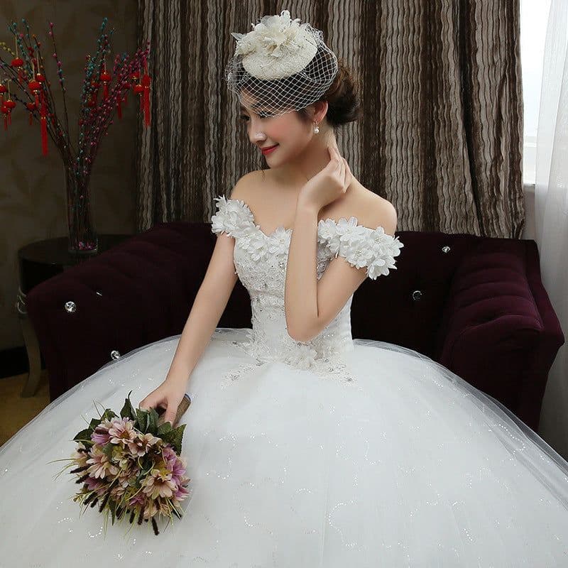 image-Fashion bride Korean word shoulder thin flowers wedding dress wedding knot new wholesale H82