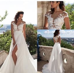image-Bohemian wedding dress A word applique floor length chiffon bride dress custom side elegant wedding dress