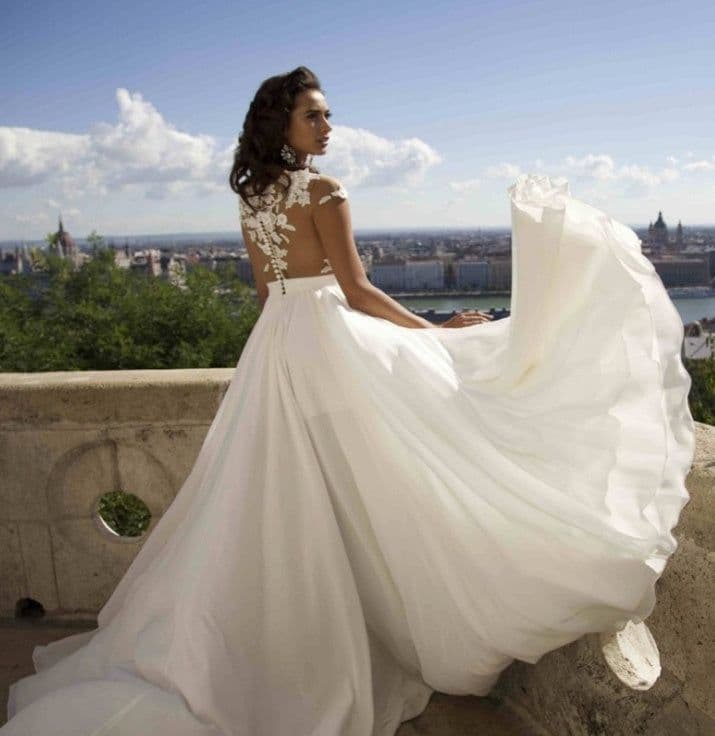 image-Bohemian wedding dress A word applique floor length chiffon bride dress custom side elegant wedding dress