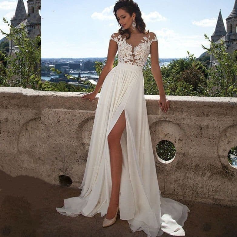 image-Bohemian wedding dress A word applique floor length chiffon bride dress custom side elegant wedding dress