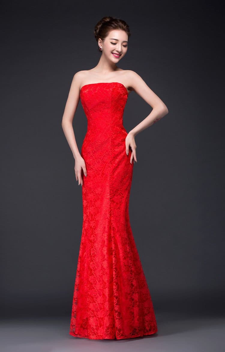 image-Long dress fuchsia and white lace trailing sexy bride wedding dress