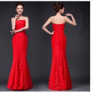 image-Long dress fuchsia and white lace trailing sexy bride wedding dress