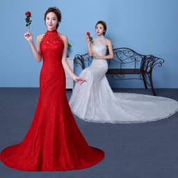image-Big red wedding dress bride large size waist fishtail wedding dress palace fishtail tail Korean hanging neck