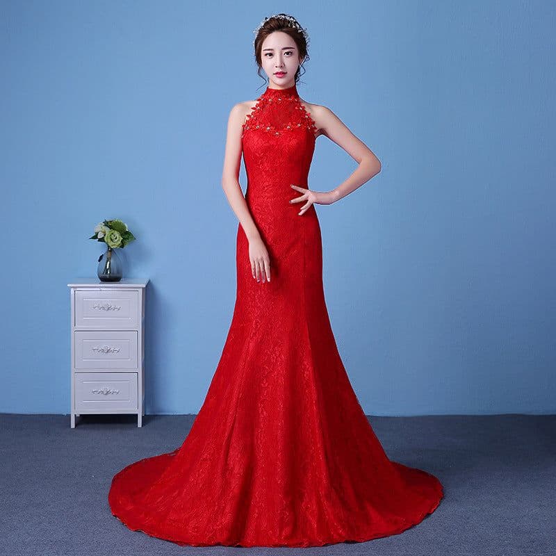image-Big red wedding dress bride large size waist fishtail wedding dress palace fishtail tail Korean hanging neck