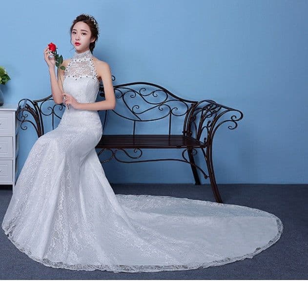 image-Big red wedding dress bride large size waist fishtail wedding dress palace fishtail tail Korean hanging neck