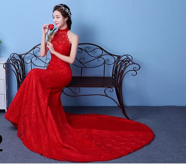 image-Big red wedding dress bride large size waist fishtail wedding dress palace fishtail tail Korean hanging neck