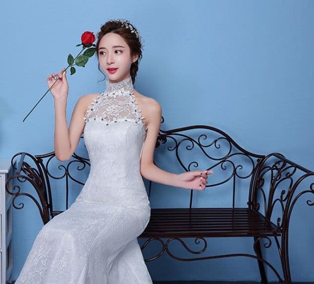 image-Big red wedding dress bride large size waist fishtail wedding dress palace fishtail tail Korean hanging neck