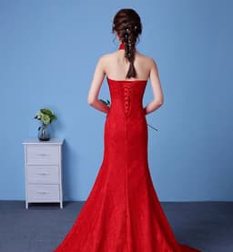image-Big red wedding dress bride large size waist fishtail wedding dress palace fishtail tail Korean hanging neck