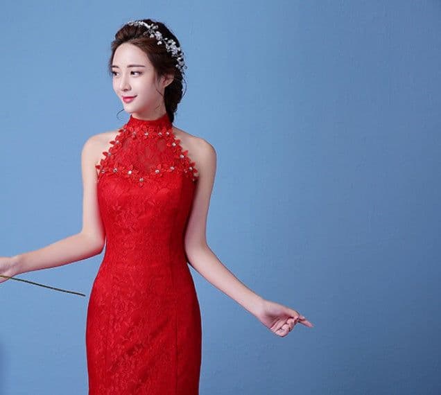 image-Big red wedding dress bride large size waist fishtail wedding dress palace fishtail tail Korean hanging neck
