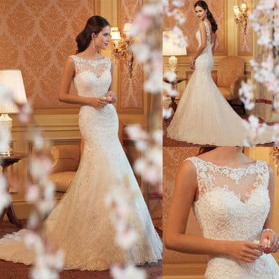 image-Fishtail Wedding Dress Sleeveless Lace Evening Dress