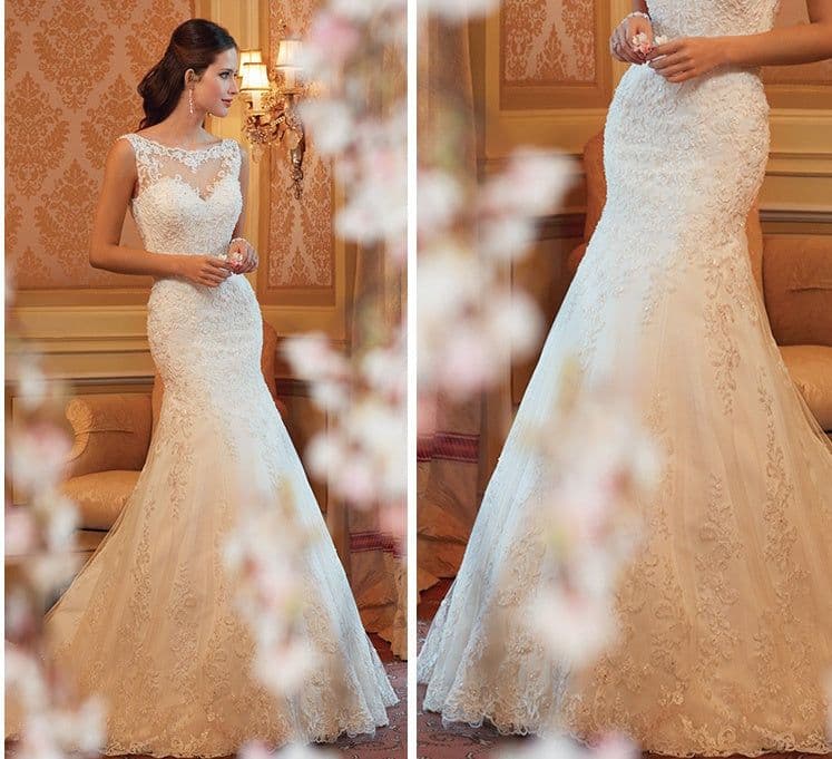 image-Fishtail Wedding Dress Sleeveless Lace Evening Dress