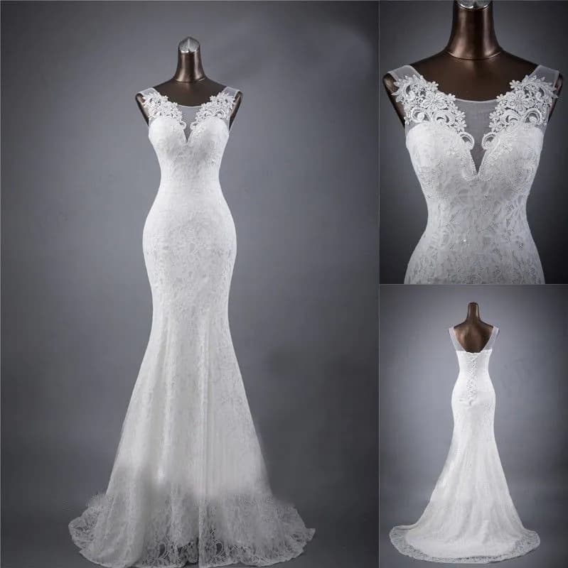 image-Lace slim and thin double shoulder tail wedding dress