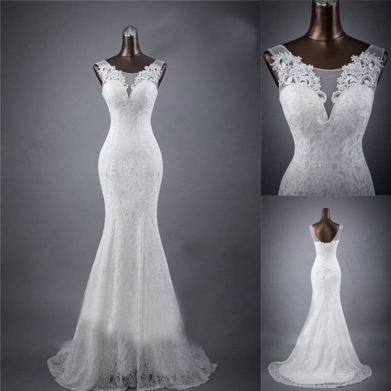 image-Lace slim and thin double shoulder tail wedding dress