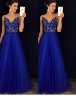 image-Dress Backless Beaded Ball Elegant Long Dress Blue Chiffon Dress Spot