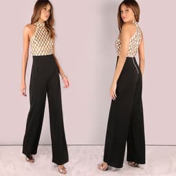 image-European and American women's sexy jumpsuit hanging neck sequins stitching trumpet jumpsuit trousers