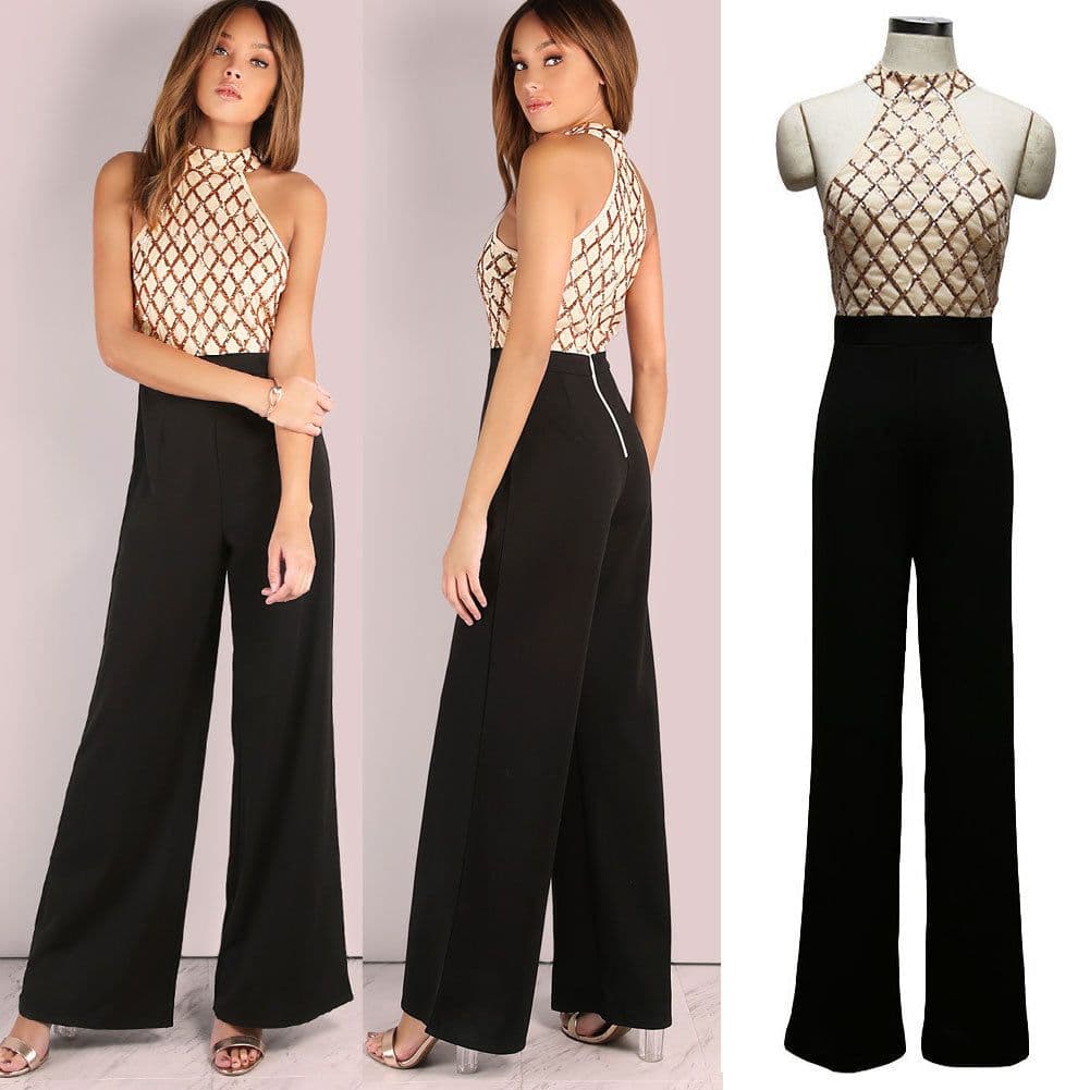 image-European and American women's sexy jumpsuit hanging neck sequins stitching trumpet jumpsuit trousers