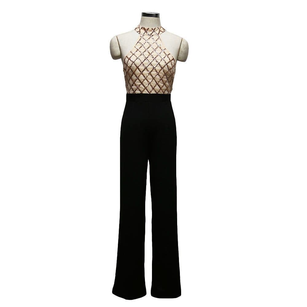 image-European and American women's sexy jumpsuit hanging neck sequins stitching trumpet jumpsuit trousers