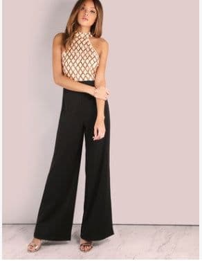 image-European and American women's sexy jumpsuit hanging neck sequins stitching trumpet jumpsuit trousers