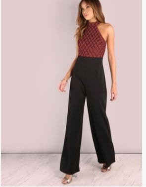image-European and American women's sexy jumpsuit hanging neck sequins stitching trumpet jumpsuit trousers