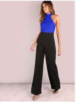 image-European and American women's sexy jumpsuit hanging neck sequins stitching trumpet jumpsuit trousers