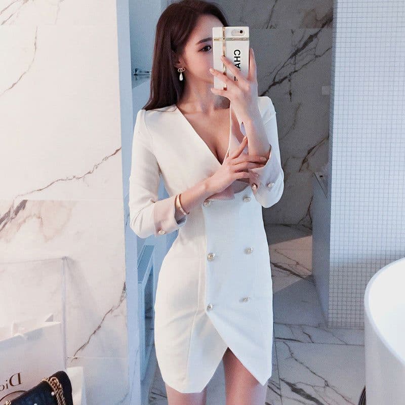 image-autumn new professional self-cultivation double-breasted V-neck color matching ruffled bag hip dress