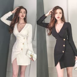 image-autumn new professional self-cultivation double-breasted V-neck color matching ruffled bag hip dress