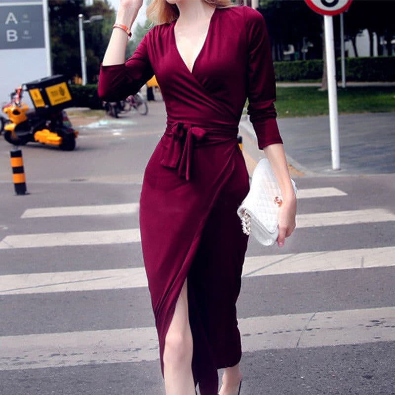 image-New V-neck Tie Waist Slim Slimming Dress